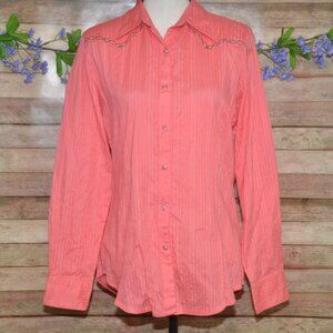 Wrangler Coral Pink Embellished Ladies M Pearl Snap Western Long Sleeve Shirt Co